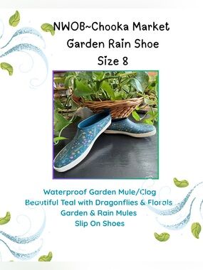 NWOB ~ Chooka Waterproof Garden Shoes Mules Teal Floral Dragonflies - size 8